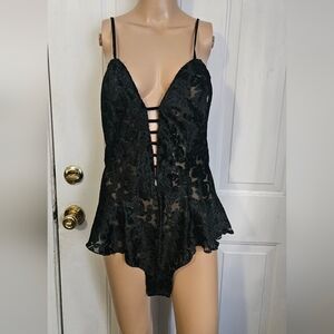 Vintage VICTORIAS SECRET Gold Label Black Burnout Velvet Teddy Lingerie Romper